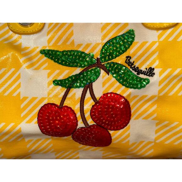 Betsey Johnson yellow Plaid Cherry Sequin tote Purse betseyville - Picture 3 of 16